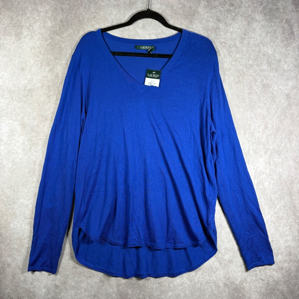 Lauren Ralph Lauren Sweater Womens XL Blue V-Neck Silk Blend High Low Pullover